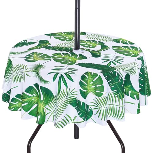 SquarePie Round Outdoor Tablecloth with Umbrella Hole - 70 Inch Water Resistant & Spillproof Table Cloth,Zipped Patio Picnic Table Cover for Camping/Picnic/BBQs/Backyard,Palm Leaf - color: Palm Leaf, size: 70" (Round)