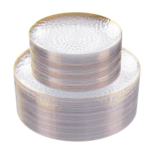 Rubtlamp 60Pcs Clear Plastic Plates,Clear Disposable Plates With Gold Rim,Heavy-duty Gold Plates,Hammered Party Plates Include 30Clear Dessert-Platos,30Dinner-Platos for Wedding, Party - color: Clear Gold