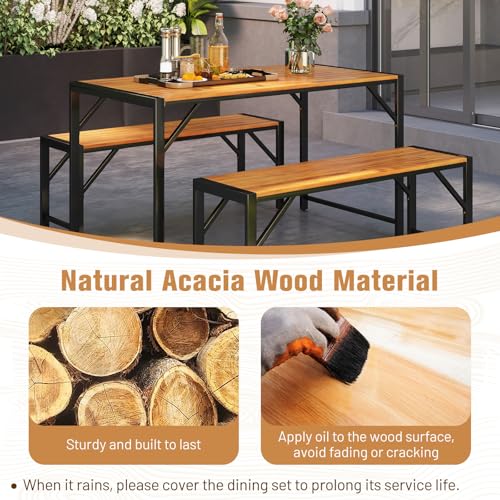 Tangkula 3 Pieces Patio Dining Set for 6 People, Outdoor Picnic Table & 2 Benches, 53” Acacia Wood Dining Table w/Metal Frame, Space-Saving Dinette Set for Garden Porch Poolside Yard Balcony