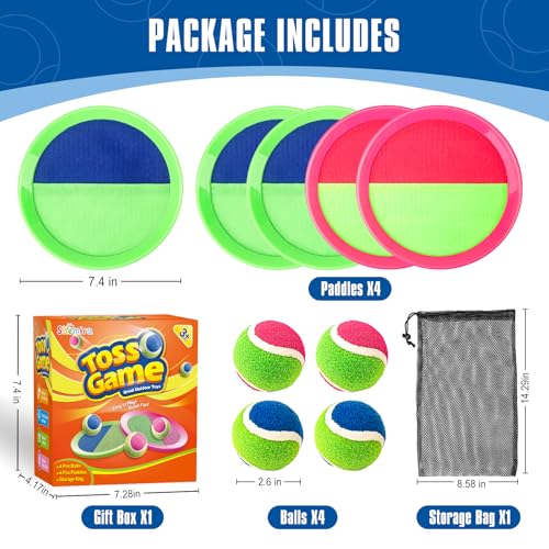 Shemira Toss and Catch Ball Game Set, Outdoor Outside Toys for Kids Ages 3 4 5 6 7 8-12, Beach Pool Yard Lawn Outdoor Games, Birthday Summer Gifts for Kids, 4 Paddles 4 Balls - color: Green, Pink, Blue