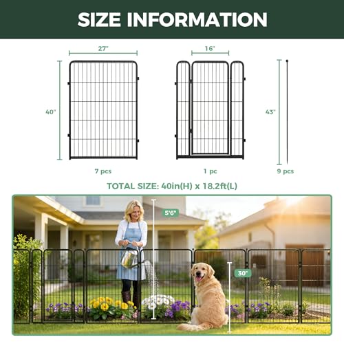 FXW Garden Fence Outdoor for the Yard – 40in(H) x 18.2ft(L) Heavy Duty Metal Animal Barrier for Dog, No Dig Decorative Dog Fence, 8 Panels, Black - color: Black, size: 40"h