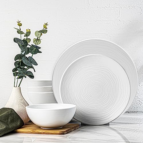 bzyoo 12 Piece White Melamine Dinnerware Set - Durable, Easy to Clean Plates and Bowls - Ideals for Parties, Camping Dish Set BPA Free Organica White Collection - color: Organica White