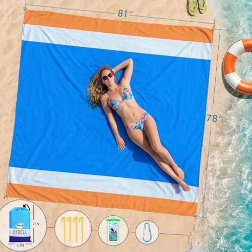 BYDOLL Beach Blanket 78''×81'' 4-7 Adults Oversized Lightweight Waterproof Sandproof Beach Blanket Large Picnic Mat for Travel Camping Hiking Picnic - color: Blue Orange, size: 78"X81"