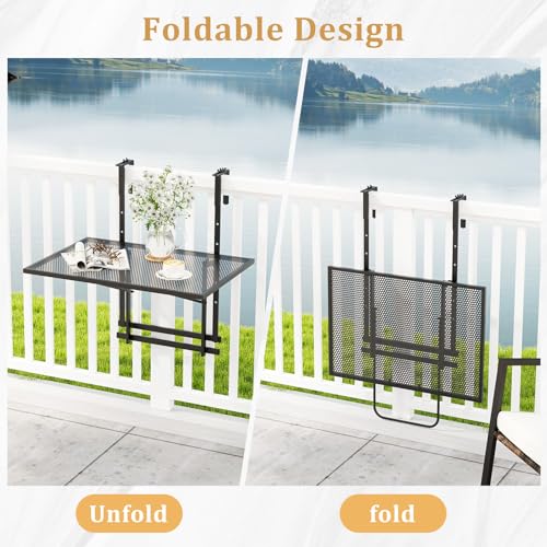 HAPPYGRILL Balcony Railing Table, Outdoor Folding Hanging Table with 5 Adjustable Heights, Heavy Duty Metal Hanging Bar Table for Patio, Garden and Deck
