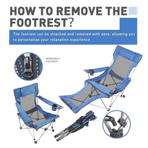 Reclining Folding Camping Chair with Removabel Footrest, Adjustable Folde Camping Chair with Foot Rest, Camp Lounge Outdoor Beach Chair, Mesh Reclining Design, with Pillow Cup Holder, Blue Mesh - color: Blue Mesh