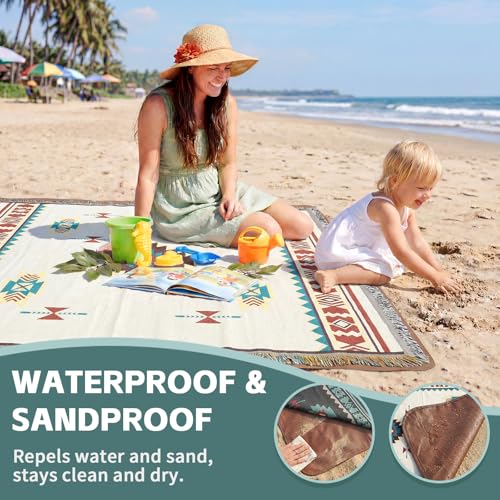 2 in 1 Extra Large Boho Beach Blanket Towel Sand Free Outdoor Picnic Mat Giant Oversized Xl Big Jumbo Huge Turkish Woven Throw Cloud Summer Vacation Essential Travel Must Have Accessories Women Gift - color: Boho Teal