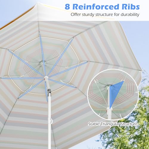 6.5 FT Beach Umbrella, Outdoor Umbrella Sun Shelter with 30° Adjustable Tilt, UPF 50+ Sun Protection, Carrying Bag, Vented Top & Sharp Anchor, Stripe Sunshade Parasol for Garden, Pool, Yard, Beach