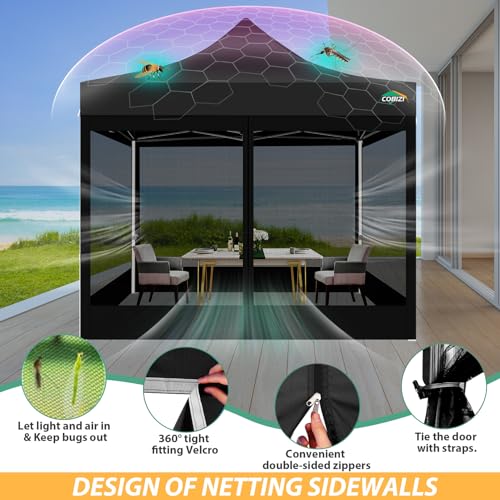 COBIZI 10x10 Canopy Tent with 4 Sidewalls,Heavy Duty Pop up Canopy with Mosquito Netting,Easy up Screen Tent for Parties Wedding Outdoor Camping with Handbag,Black - color: Black, size: 10x10FT(Standard)