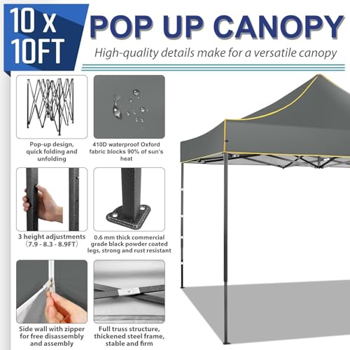 COBIZI 10x10 Heavy Duty Pop up Canopy Tent with 4 Removable Sidewalls, Ez Pop up Canopy with Portable Bag, Commercial Gazebo Waterproof Sunshade for All Weather Party Camp Stall Patio - color: Gray, size: 10x10ft