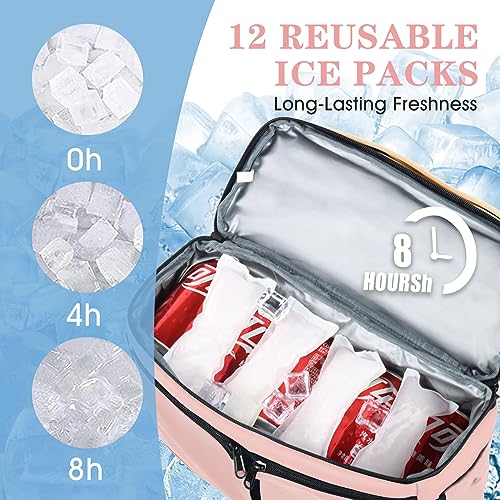 Scothen Backpack Cooler with Double Decker & 12 Ice Packs- Keeps 36 Cans Cold for Up to 24 Hours- Waterproof & Leak Proof Insulated Cooler Backpack- Stylish Cooler Bookbag for Women Travel Work Beach - color: Pink
