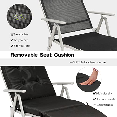 Giantex Chaise Lounge Chair for Outside, Pool Folding Reclining Beach Chair W/Removable Cushion&Headrest Pillow, Outdoor Lounge Chaise w/ 7 Backrest Positions, Portable Patio Lounger (1, Black) - color: Black
