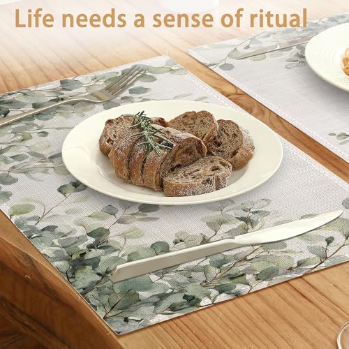 Watercolor Eucalyptus Leaves Placemats Set of 6, Green Branches Table Mates Non-Slip Heat Resistant Washable Linen Place Mats for Party Kitchen Dining Decoration Indoor Outdoor 12"x18" - color: Watercolor Eucalyptus Leaves, Green Branches