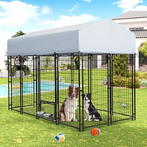 Grepatio Outside Dog Kennel for Large Dogs, 8x4x5.7 FT Outdoor Dog Kennels with Waterproof, Heavy Duty Dog Enclosure with 2 Rotating Dogs Bowls, Dog Run Playpen Fence with Secure Lock
