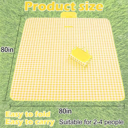 Extra Large Picnic Outdoor Blanket, 80''x80''Waterproof Sand Beach Mat, Foldable Blankets Gingham Picnic Mat for Beach Camping Grass Lawn Park Hiking Travel Accessories Family Concerts(Yellow White) - color: Yellow, size: 80''x80''