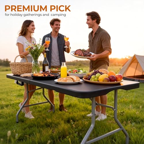 6ft Folding Table Heavy Duty 350 LBS Capacity Foldable Table with 18% Thicker HDPE Waterproof Top & Reinforced Steel Frame, Portable Fold-in-Half Table for Outdoor Indoor Party Wedding Camping - color: Black, size: 6Ft