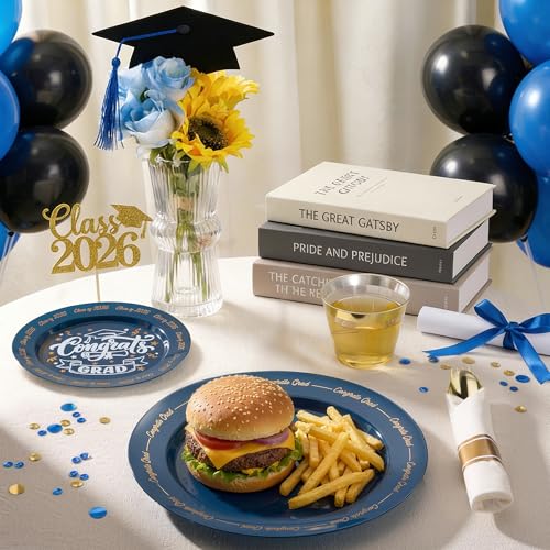 Goodluck 350 Piece Graduation Navy Blue Plastic Dinnerware Set for 50 Guests, Congrats Grad Disposable Plates Include: 50 Dinner Plates, 50 Dessert Plates, 50 Cups, 50 Rolled Napkins with Silverware - color: Navy Blue, style: 350 Piece (50 guests)