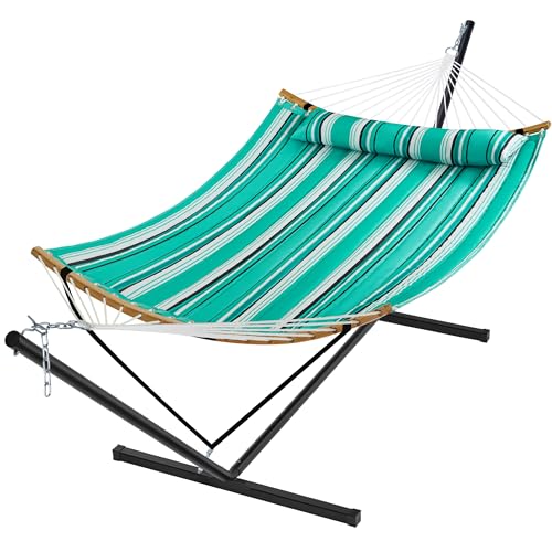SUPERJARE Hammock with Stand, 2 Person Heavy Duty Hammock with Padded Cotton, Detachable Pillow & Strong Curved-Bar & Portable Carrying Bag, Perfect for Outdoor & Indoor, Mint Green with Stripes - color: Mint Green With Stripes