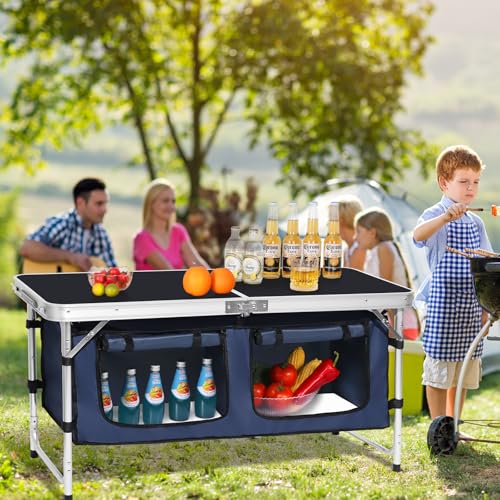 Camp Field Camping Folding Aluminum Table with Adjustable Legs for Outdoor Travel Beach, Backyards, BBQ, Party and Picnic Foldable Table - color: Black