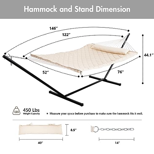 ANOW Heavy Duty Hammock with 12FT Steel Stand Included, Rope Hammock with Detachable Pillow and Pad, 450 LBS Weight Capacity, Cream - color: Cream, size: With Stand