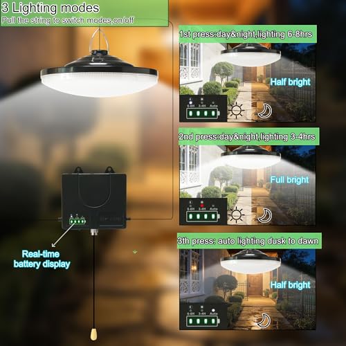 HULPPRE 3000lm Solar Shed Light Indoor Outdoor with Pull String, Daytime or Night,Dusk to Dawn,Bright with 169 LEDs,IP65 Waterproof,3 Modes,for Barn,Chicken Coop,Patio,Garden,Yard,Gazebo