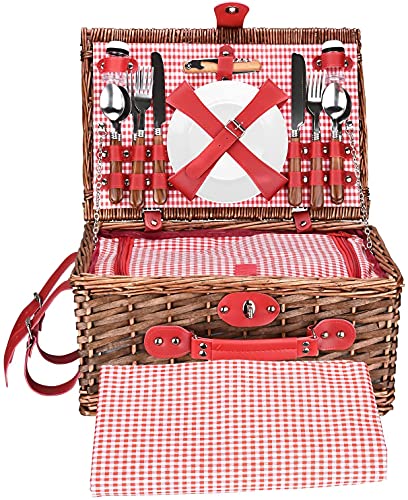 Wicker Picnic Basket Set, Large Handmade Willow Basket for 4 People with Waterproof Picnic Blanket, Insulated Thermal Compartment with Cutlery Suitable for Picnic and Camping