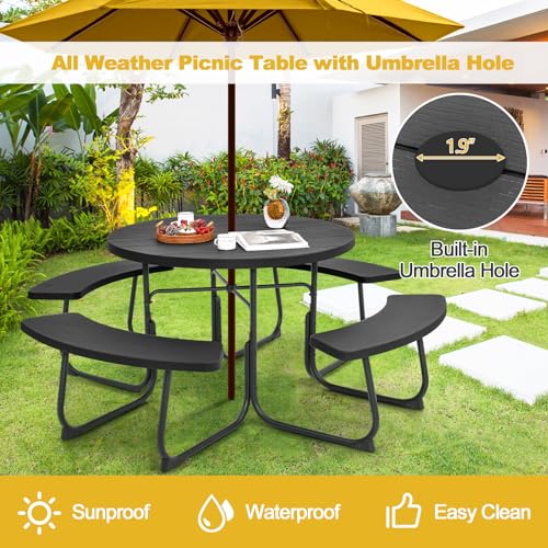 Tangkula 8 Person Picnic Table, Outdoor Round Picnic Table with 4 Built-in Benches, Umbrella Hole, Metal Frame & HDPE Tabletop, Outside Table and Bench Set for Backyard, 2300lbs Weight Capacity - color: Black