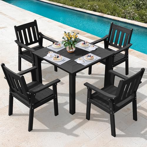 YEFU HIPS Patio Table Set: 5 Piece Outdoor Square Table and Chairs with Metal Aluminum Frame - Black Modern Plastic Patio Dining Furniture Set 4 Person for Outside Deck - color: Black, size: 5 Piece（Square）