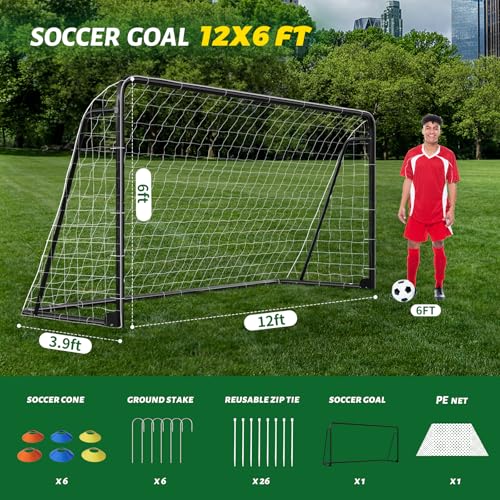 NAIZEA Soccer Goals - 24x8/21x7/18x7/12x6/16x7/10x6/8x6/6x4FT Soccer Goals for Backyard - Metal Soccer Goal for Youth Adult - Multiple Sizes Colors- Perfect for Games Indoor Outdoor - size: 12ft x 6ft, style: Trainer-Black/Steel