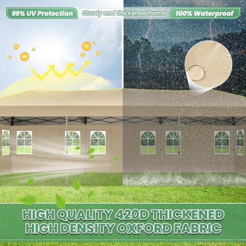 COBIZI 10x30 Pop Up Canopy One Push Party Tent with Air Vent Waterproof Commercial Outdoor Patio Gazebo with 8 Removable Sidewalls, 3 Adjustable Height for Parties, Roller Bag, Sandbag, Khaki - color: Khaki, size: 10x20【with 6 sidewalls】