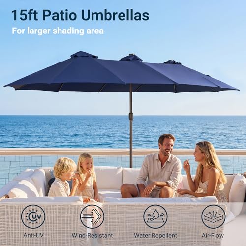 HOOOWOOO Outdoor Patio Umbrella With Solar Light,15 Ft Large Beach Umbrella,UV Protection Picnic Market Parasol Sunshade W Base Crank Handle For Backyard Deck Pool Shade - color: Navy Blue