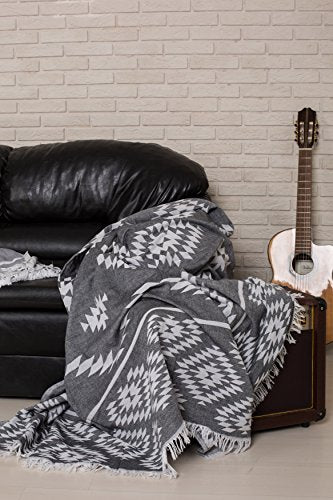 Bersuse 100% Cotton Teotihuacan XL Throw Blanket Turkish Towel Beach Blanket - Beach Camping Essentials - 75x90 Inches, Black - color: Black