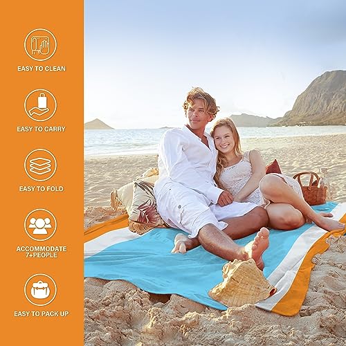 Famstar Beach Blanket Oversized Extra Large 10'X 9',Waterproof Sandproof Beach Blanket 2-8 Adults Lightweight Durable for Travel Camping Hiking Picnic (10'X 9', Orange&Blue)