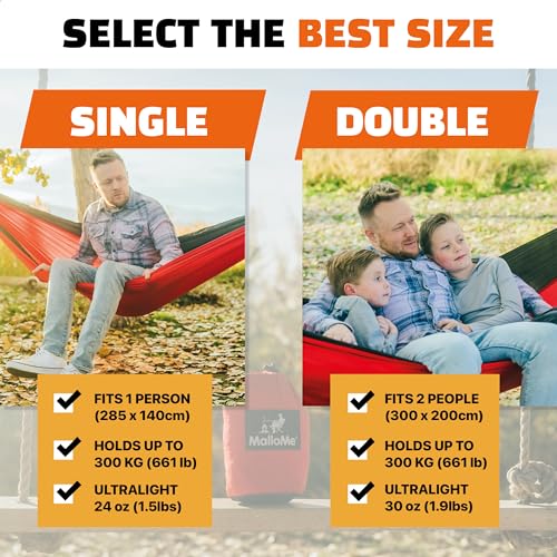 MalloMe Camping Hammock for Adults & Kids - Portable Hammocks for Outside - Hamacas para Adultos Outdoor Single & Double Two 2 Person Hammock - Hamaca/Hamacs/Amacas Heavy Duty Tree Travel Hamock - color: Black / Grey, size: Large