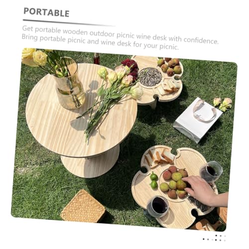 Ciieeo Portable Foldable Wood Wine Desk Outdoor Picnic Beverage Table Small Beach Camping Side Table with Tray 35cm Diameter for Travel BBQ and Lawn Use