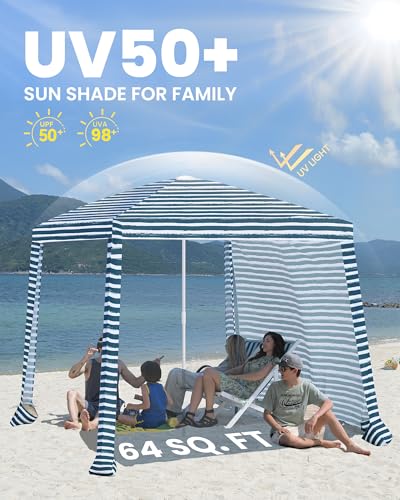 Qipi Beach Cabanas for Sand, Beach Canopy with Sandbags & Side Wall for Family, Easy Set Up Sun Shelter, UPF 50+ UV Protection with Roof Vent - color: 8' x 8' Sailor Stripes Dual-Fold