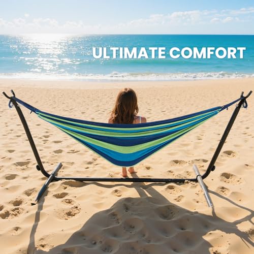 Sweetcrispy Double Hammock with Space Saving Steel Stand Heavy Duty 2 Person Standing Hammocks 450lb Capacity for Outside Garden Yard with Portable Carrying Bag, Blue