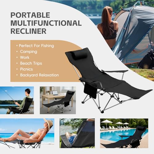 Reclining Camping Chair with Removable Footrest, Adjustable Camping Lounge Beach Chair with Padded Headrest, Cup Holder & Carry Bag, Camp Chair with Foot Rest Lawn Chairs for Camp, Fishing,Office - color: Black