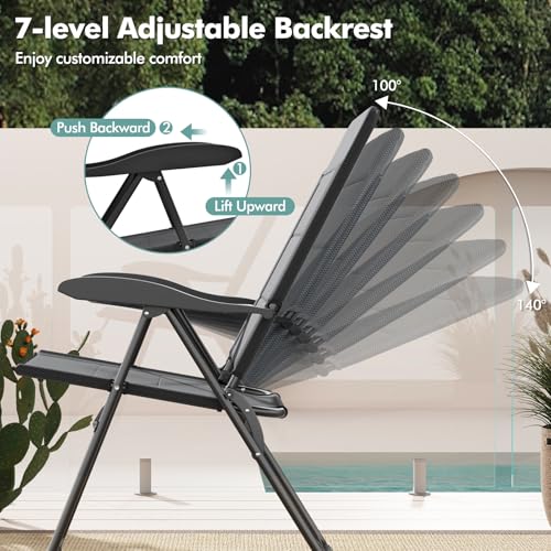 Tangkula Patio Chairs Set of 2, Folding Patio Dining Chairs with 7 Adjustable Backrest Positions, Outdoor Padded Lawn Chairs for Patio Garden Poolside Yard Beach, Support 300 lbs (2, Grey) - color: Grey