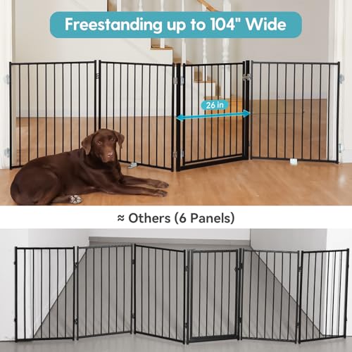 No Pawblems Free Standing Dog Gate with Door, 30'' Tall Foldable Dog Fence for Indoor & Outdoor, Up to 104 Inch Extra Wide Puppy Gate for Stairs, Hallways, Doorways, Deck, Yard (Black, 4 Panels) - color: Black, size: Up to 104" W, 4 Panels