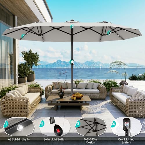 AreShark 13 FT Patio Umbrella with Solar Lights, Double-Sided Outdoor Table Umbrellas with Crank, Large Rectangular Market Umbrella for Porch, Lawn, Pool, Backyard, Light Gray - color: Light Gray, size: 6.5x13 Ft