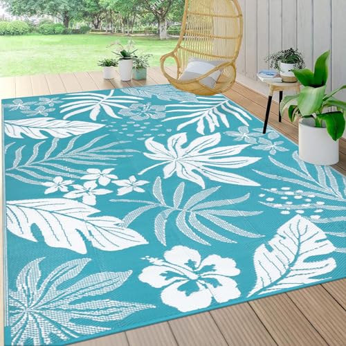 Pauwer Waterproof Outdoor Rug 6x9, Reversible Plastic Straw Patio Camping Rug, Indoor Outdoor RV Mat Carpet for Deck, Camper, Porch, Balcony, Backyard, Picnic, Floral Teal - color: Floral Teal, size: 6' x 9' (Rectangular)