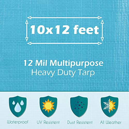 Tarps Heavy Duty Waterproof 10x12-12 mil Thick Camping Tent - Blue Tarp 10x12 UV Resistant, Rip & Tear Proof with Metal Grommets – Multipurpose Use for Camping, Tent, Boat, RV, Car, & Pool Cover - size: 10'x12'