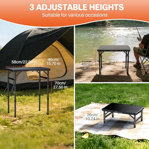 FUNYKICH Camping Table with Waterproof Plastic Tabletop 22.8''x15.7'', 3 Height Adjustable Small Folding Table, Lightweight Portable Picnic Table with Carry Handle for Picnic, Beach, Travel, Black - color: Black