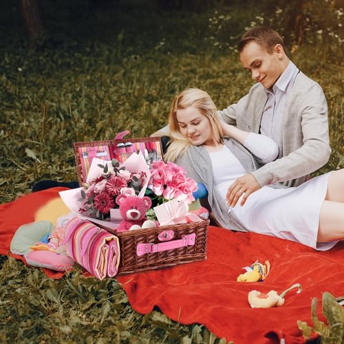 Wicker Picnic Basket for 4 with Waterproof Picnic Blanket and Insulated Cooler, Willow Hamper for Camping, Outdoors, Photoshoot, or a Birthday, Valentine’s Day, Wedding Gift, Pink - color: Pink Stripe
