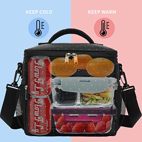 FlowFly Insulated Reusable Lunch Bag Adult Large Lunch Box for Women and Men with Adjustable Shoulder Strap,Front Zipper Pocket and Dual Large Mesh Side Pockets,Dot - color: Dot