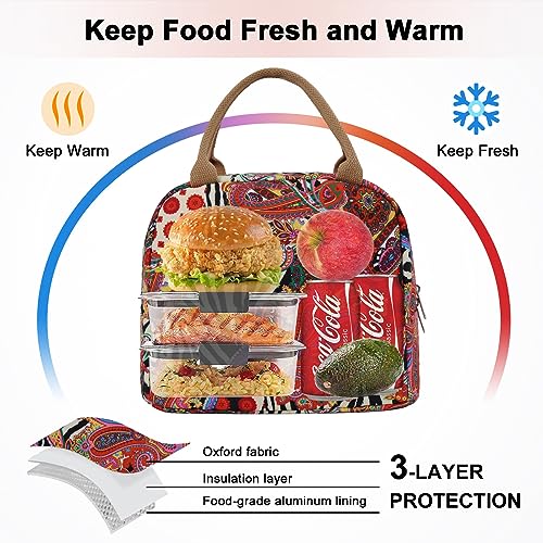EurCross Aesthetic Lunch Box Bag for Women Daily Use,Boho Stylish Elegant Canvas Insulated Adult Lunch Bento Box Tote Bag - color: Boho-red