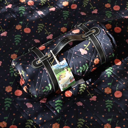 60x80” Double Thickened Picnic Blankets(150g High Density Cotton Stuffed) Navy Blue Floral Pattern Outdoor Picnic Mat Portable Picnic Blanket Foldable with Leather Carry Strap Beach Blanket - color: Blue Floral, size: 60"x80"