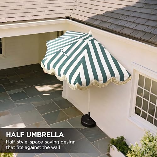 JONATHAN Y Half Umbrella UMB1201L Beverly 9 ft. Designer Classic Scalloped Fringe Market Patio with Crank, Tilt Button and UV Protection in Green/White, White Pole - color: Green/White - White Pole