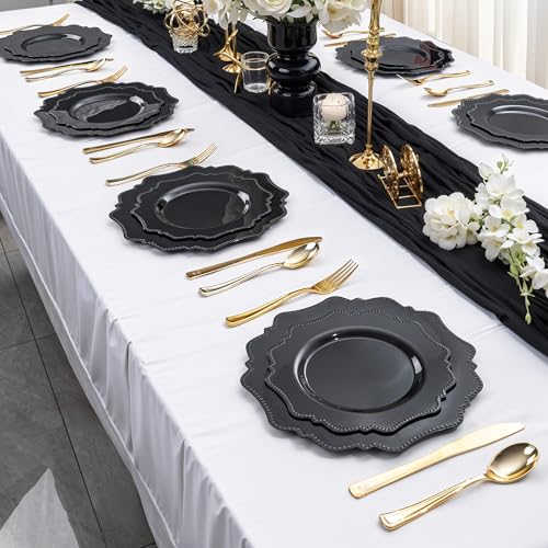 COLOSUS 100pcs Black Plastic Plates - Heavy Duty Black Plastic Plates Disposable for Party/wedding/New Year Include 50pcs Dinner Plates and 50pcs Dessert Plates. - color: Black