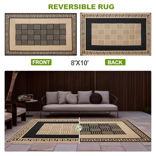 YONILE LED Outdoor Rug 8x10 ft Waterproof for Patios Clearance,Reversible Outdoor Plastic Straw Rug, RV Mat Outside, Indoor Outdoor Carpet for Porch, Deck, Backyard, Balcony, Picnic - color: Black&coffee-striped With Light, size: 8x10ft
